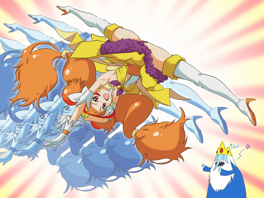 adventure_time afterimage bare_shoulders boots choker crossover cure_twinkle earrings gloves go!_princess_precure ice_king jewelry long_hair magical_girl multicolored_hair noq orange_hair precure smile solo spinning_bird_kick star star_earrings twintails two-tone_hair violet_eyes