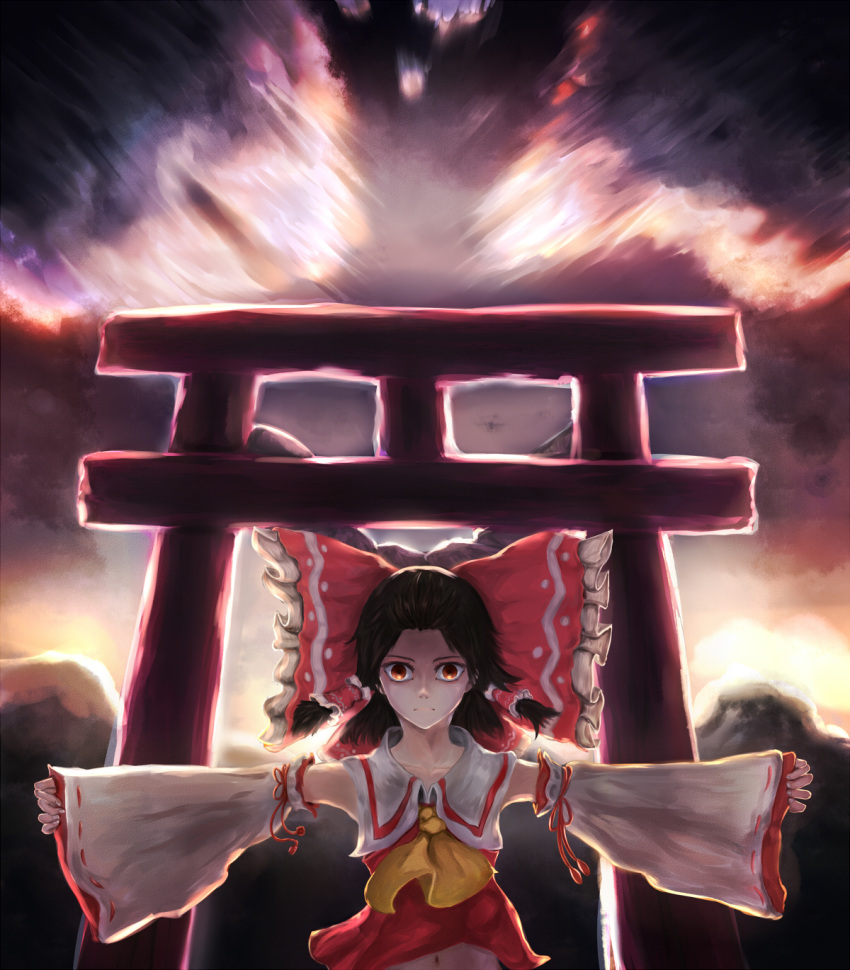 1girl arm_ribbon ascot backlighting black_hair bow brown_eyes clouds cloudy_sky collarbone detached_sleeves hair_bow hair_tubes hakurei_reimu highres large_bow looking_at_viewer midriff mountain navel nose outstretched_arms ribbon-trimmed_sleeves ribbon_trim rira rope serious shimenawa short_hair sky sleeveless solo sunlight sunset torii touhou when_you_see_it wide-eyed wind
