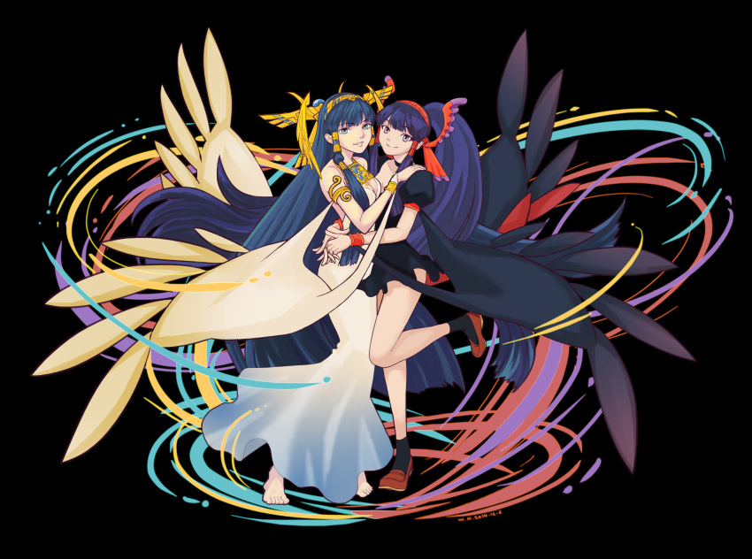 2girls barefoot black_background black_dress black_hair blue_eyes detached_hair detached_sleeves dress egyptian hair_tubes hairband highres hug isis_(p&amp;d) loafers long_hair multiple_girls nephthys_(p&amp;d) ponytail puffy_short_sleeves puffy_sleeves puzzle_&amp;_dragons shoes short_sleeves siblings sisters socks standing_on_one_leg waist_hug wide_sleeves wk_(flora-woke)