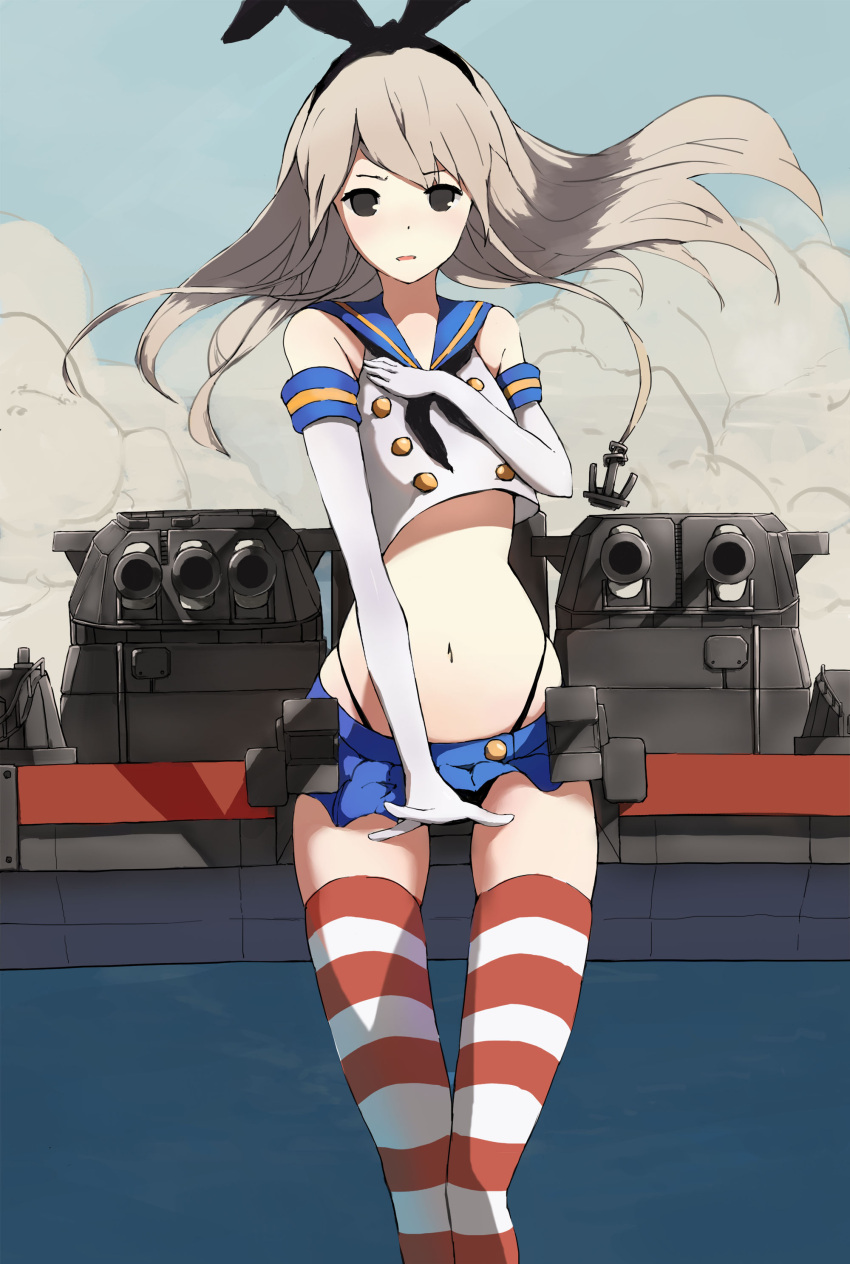 1girl absurdres bare_shoulders black_eyes blonde_hair bow elbow_gloves gloves hair_bow highres hummingbird_(artist) kantai_collection long_hair looking_at_viewer navel shimakaze_(kantai_collection) solo striped striped_legwear thigh-highs thighs