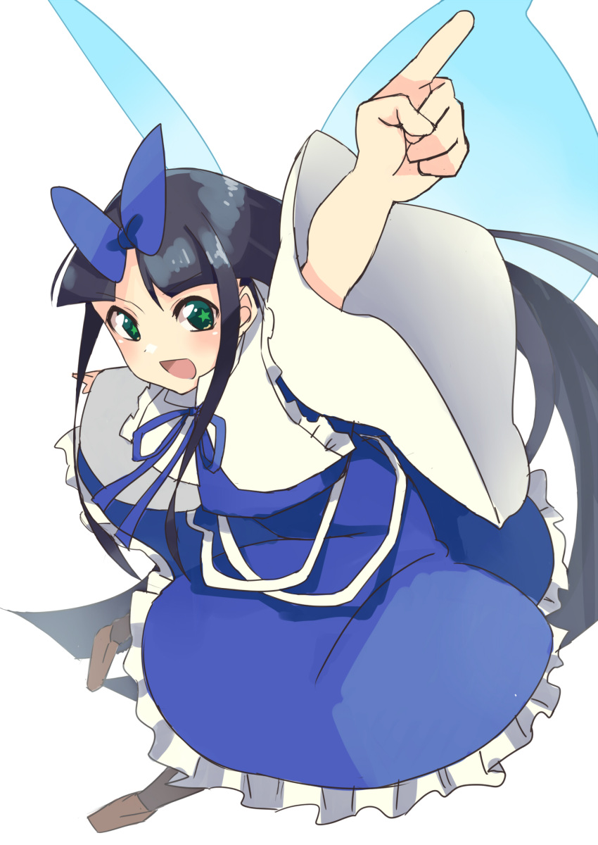 1girl black_hair blush bow dress green_eyes hair_bow hayaneko_(ceceragi) highres long_hair long_sleeves open_mouth pointing pointing_up simple_background smile solo star star-shaped_pupils star_sapphire symbol-shaped_pupils touhou white_background wide_sleeves wings
