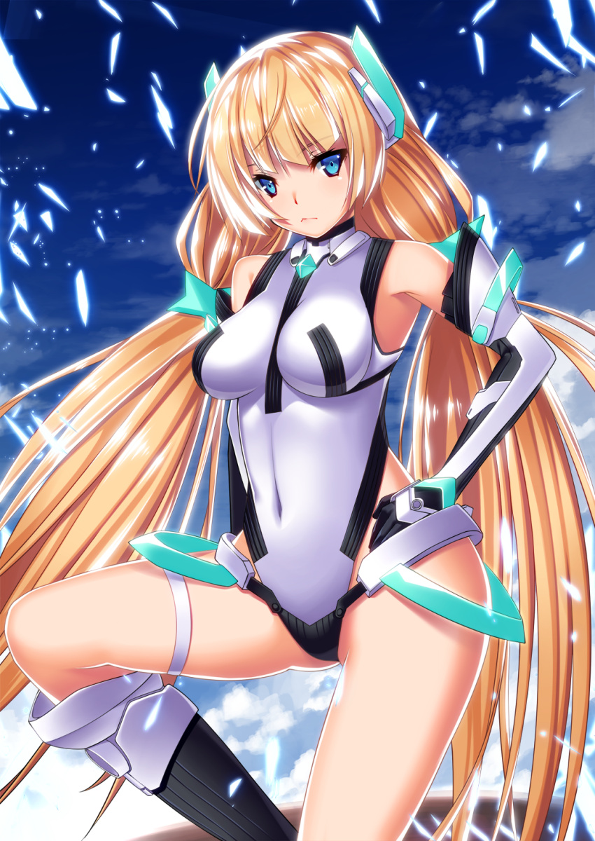 1girl angela_balzac bare_shoulders blonde_hair blue_eyes blush bodysuit breasts clouds covered_navel elbow_gloves expelled_from_paradise female gloves headgear highres large_breasts leotard long_hair looking_at_viewer low_twintails rakuen_tsuihou sky solo takanashi-a thigh_strap twintails very_long_hair