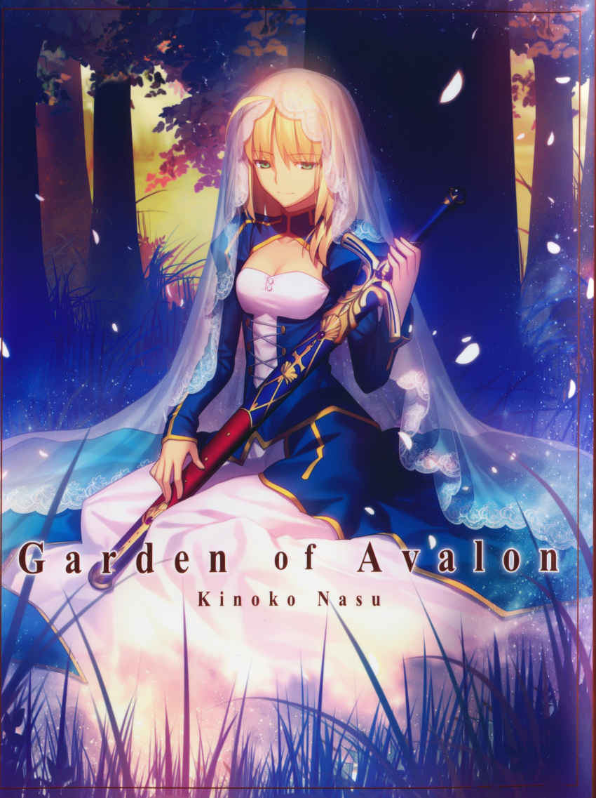 1girl absurdres ahoge blonde_hair breasts caliburn cleavage dress fate/stay_night fate_(series) field forest glowing green_eyes highres kneeling long_hair nature official_art petals saber sheath sheathed smile solo sword takeuchi_takashi tree veil weapon