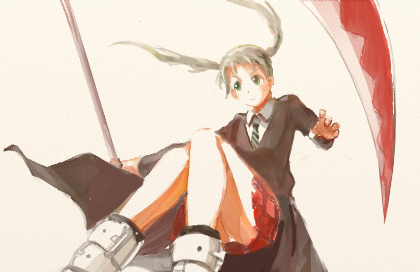 1girl boots colored green_eyes jacket maka_albarn necktie panties scythe solo soul_eater twintails weapon