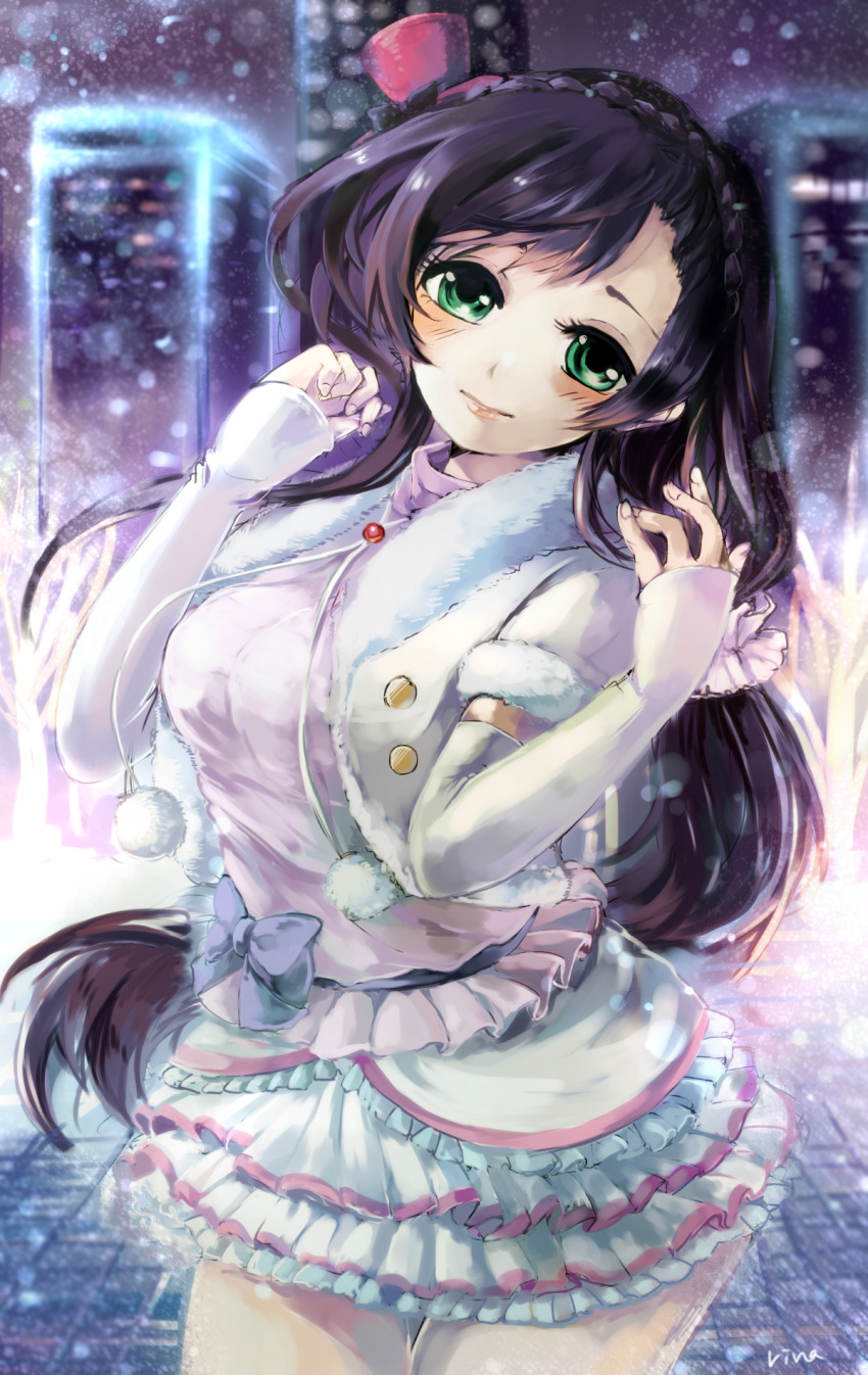 1girl breasts green_eyes highres long_hair love_live! love_live!_school_idol_project purple_hair rina2627 smile snow_halation solo toujou_nozomi winter_clothes