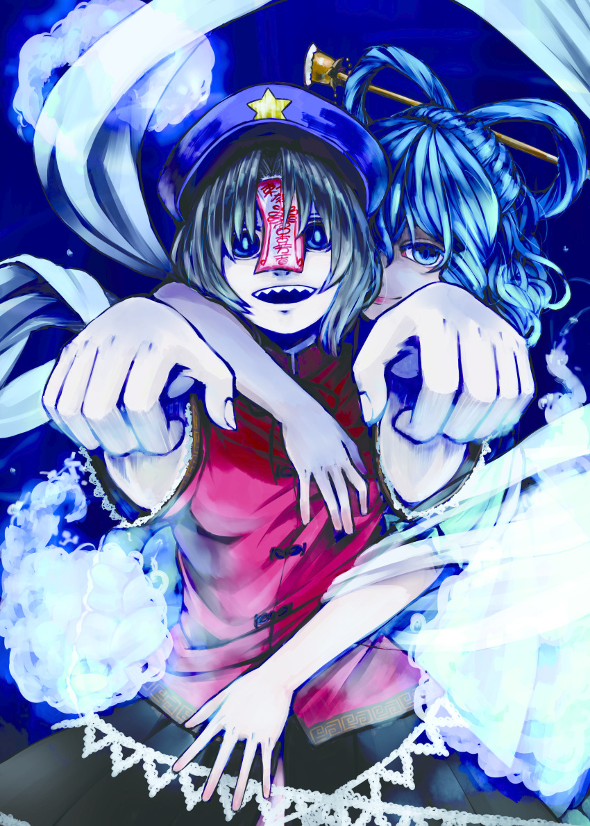2girls absurdres ameya_nihachi blue_background blue_eyes blue_hair chinese_clothes colored_eyelashes faux_traditional_media flat_cap hagoromo hair_ornament hair_rings hair_stick hand_on_another's_chest hat highres hitodama hug hug_from_behind kaku_seiga lips looking_at_viewer miyako_yoshika multiple_girls ofuda open_mouth outstretched_arms sharp_teeth shawl short_hair smile star touhou zombie_pose