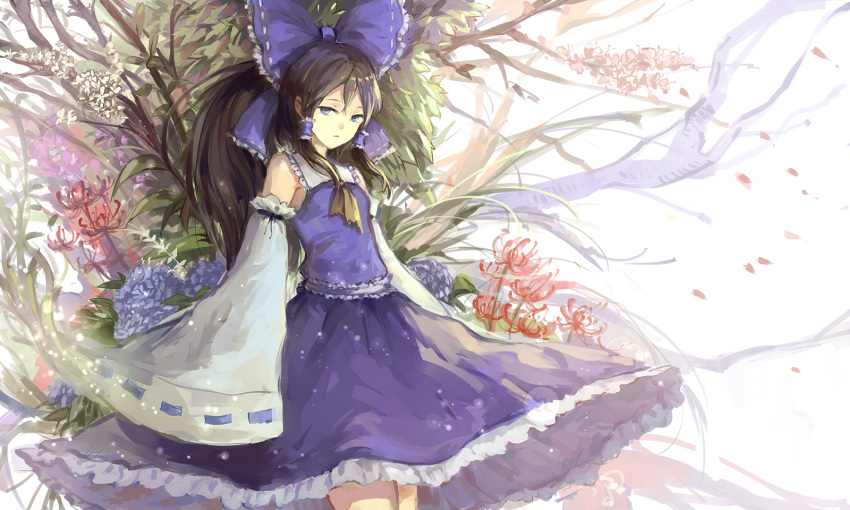 1girl alternate_color ascot black_hair blue_eyes bow cowboy_shot detached_sleeves flat_chest floral_background flower frilled_skirt frills hair_bow hair_tubes hakurei_reimu highres long_hair looking_at_viewer sishenfan skirt solo spider_lily touhou