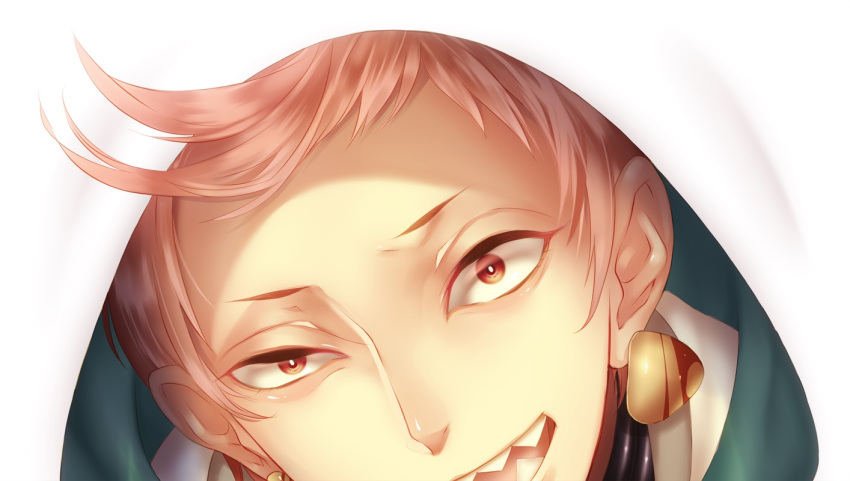 1boy earrings face iwatooshi jewelry looking_at_viewer male_focus nipponia_nippon open_mouth pink_hair sharp_teeth short_hair solo touken_ranbu