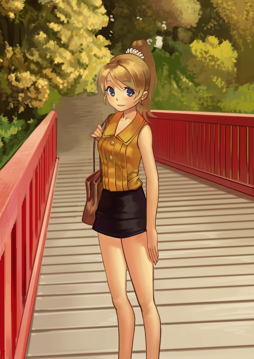 1girl alternate_costume arms_at_sides ayase_eli bare_arms bare_shoulders blonde_hair blue_eyes highres long_hair looking_at_viewer love_live!_school_idol_project miniskirt outdoors parted_lips ponytail scrunchie skirt solo zhanzheng_zi