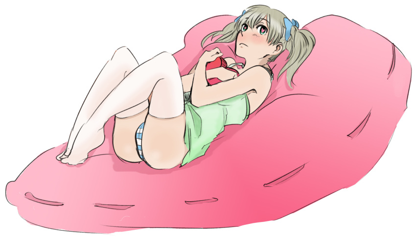 1girl bed blush colored green_eyes heart_pupils maka_albarn panties pillow ribbons solo soul_eater thigh-highs twintails
