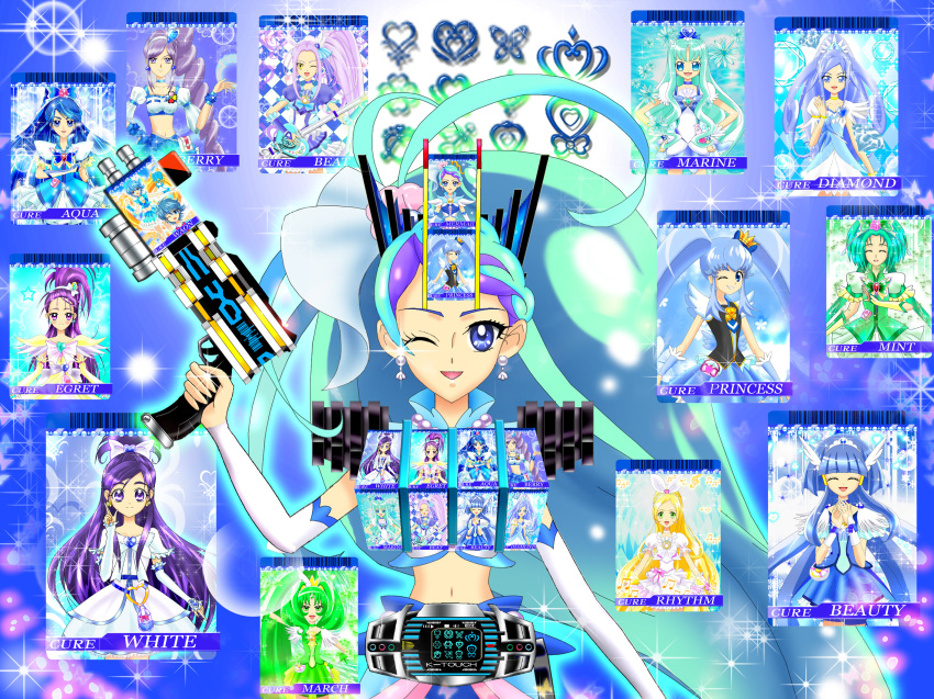 1girl belt blue_eyes blue_hair card cosplay crossover cure_aqua cure_beat cure_beat_(fake) cure_beauty cure_berry cure_diamond cure_egret cure_march cure_marine cure_mermaid cure_mint cure_princess cure_rhythm cure_white dokidoki!_precure female fresh_precure! futari_wa_precure futari_wa_precure_splash_star go!_princess_precure gun happinesscharge_precure! heartcatch_precure! highres kamen_rider kamen_rider_dcd kamen_rider_diend luna_rune parody precure smile_precure! solo suite_precure tagme weapon yes!_precure_5