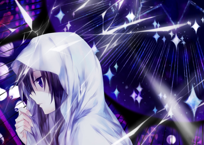 1girl akemi_homura azmodan hood long_hair mahou_shoujo_madoka_magica mahou_shoujo_madoka_magica_movie profile purple_hair solo violet_eyes