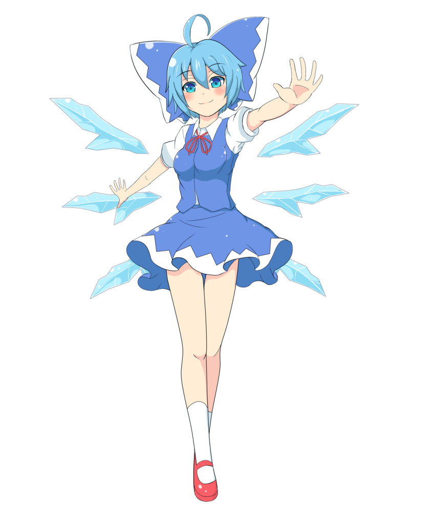 1girl blue_dress blue_eyes blue_hair blush bow breasts cirno dress hair_bow highres short_hair simple_background skirt smile solo thigh-highs touhou wade white_background wings