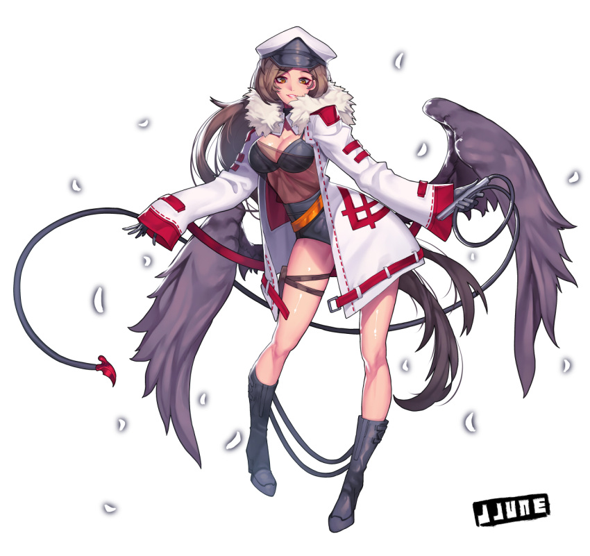 1girl belt bird_wings black_bra black_gloves black_wings boots bra breasts brown_eyes brown_hair cleavage closers coat contrapposto feathers gloves highres holster jjune large_breasts long_hair long_sleeves looking_at_viewer open_clothes open_coat see-through shirt short_shorts shorts smile solo thigh_holster underwear very_long_hair whip wide_sleeves wings