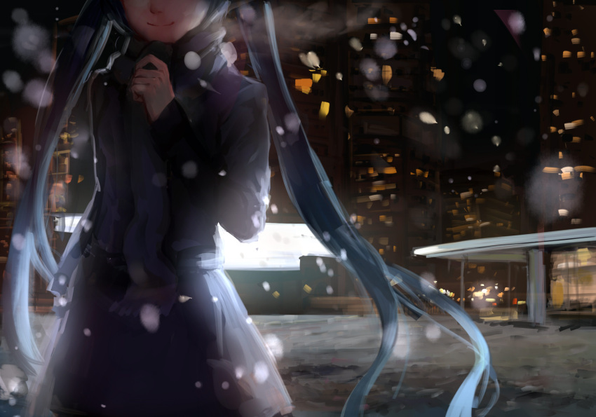 1girl aqua_hair breath building city cold dark highres long_hair night scarf sishenfan smile snow snowing solo twintails upper_body very_long_hair vocaloid winter_clothes