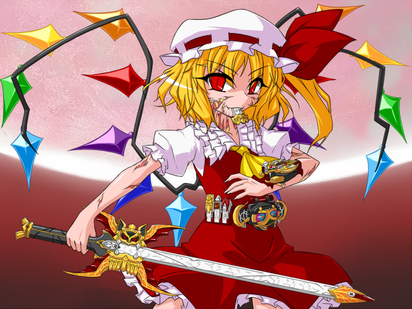 1girl ascot belt blonde_hair bonnet bow crossover dress flandre_scarlet hair_bow kamen_rider kamen_rider_kiva kamen_rider_kiva_(series) kivat-bat_iii markings parody red_bow red_dress red_eyes side_ponytail sword tattoo touhou tsukushi_(741789) weapon whistle wings