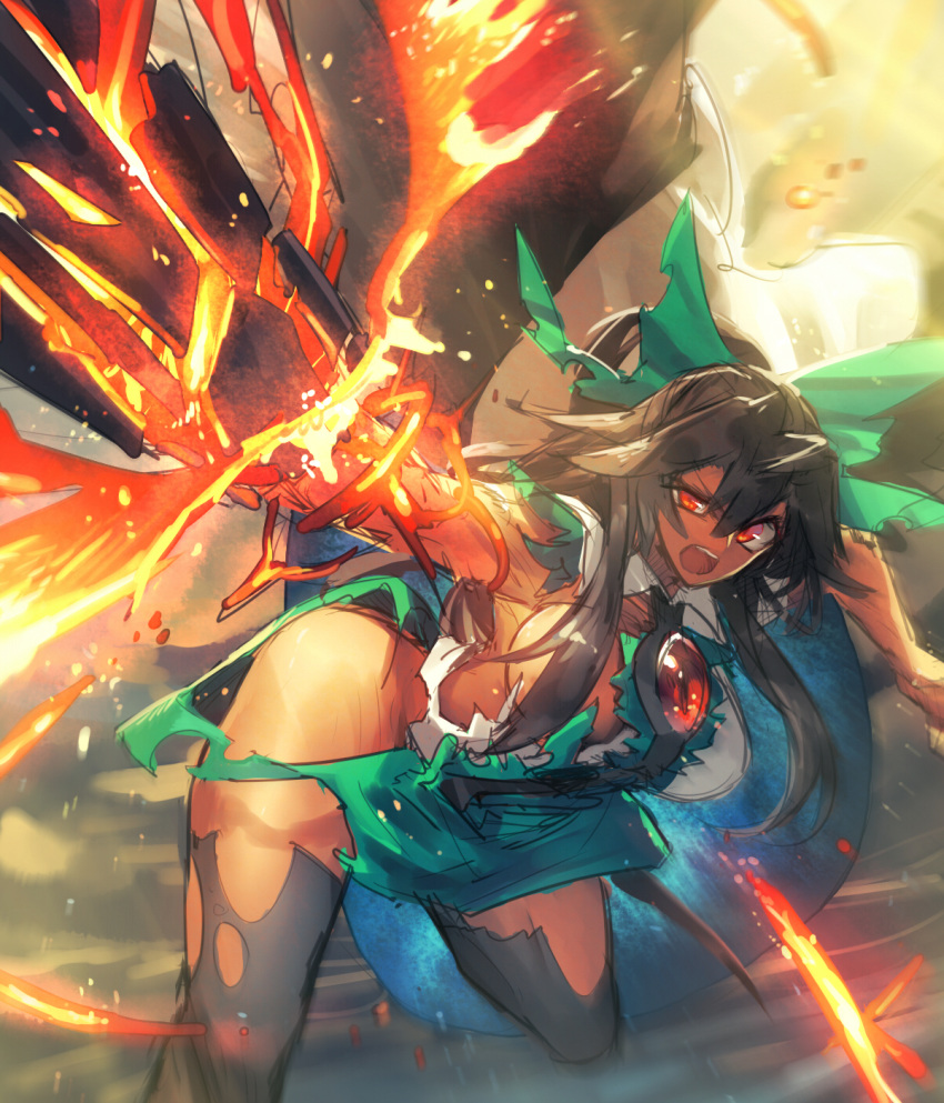 1girl arm_cannon black_hair black_legwear black_wings bow breasts cape collared_shirt cowboy_shot green_skirt hair_bow highres large_breasts leaning_forward long_hair looking_at_viewer no_bra open_mouth red_eyes reiuji_utsuho shirt sideboob sketch skirt solo standing_on_one_leg temmasa22 thigh-highs third_eye torn_clothes torn_shirt torn_skirt torn_thighhighs touhou weapon white_shirt wings