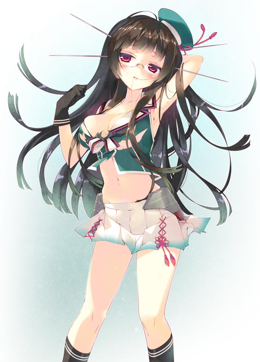 1girl arikawa_satoru arm_behind_head arm_up armpits bare_shoulders beret black_gloves black_hair black_legwear breasts choukai_(kantai_collection) crop_top glasses gloves gradient_skirt hair_in_mouth hat highres kantai_collection kneehighs long_hair looking_at_viewer mini_hat miniskirt navel neckerchief red_eyes remodel_(kantai_collection) skirt solo torn_clothes