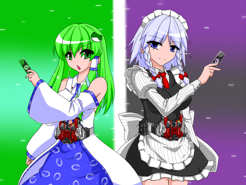 2girls belt black_dress braid crossover dress female gaia_memory green_hair hair_ornament hairclip henshin henshin_pose izayoi_sakuya japanese_clothes kamen_rider kamen_rider_double kamen_rider_w kochiya_sanae maid maid_headdress miko multiple_girls parody touhou tsukushi_(741789) white_hair