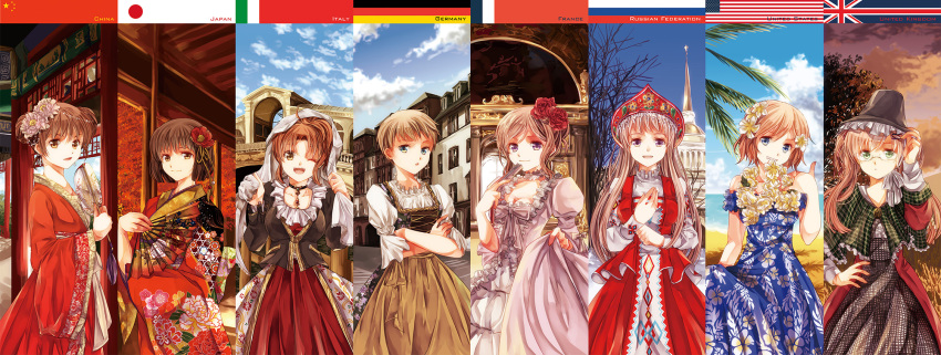 6+girls :o ;d ahoge america_(hetalia) american_flag axis_powers_hetalia black_hair blonde_hair blue_eyes blue_sky bow breasts brown_hair building capelet china_(hetalia) chinese_clothes choker cleavage clouds collarbone crossed_arms dirndl double_bun dress dress_lift fan floral_print flower flower_necklace folding_fan france_(hetalia) french_flag frills genderswap german_clothes germany_(hetalia) glasses green_eyes hair_flower hair_ornament hairclip hand_on_headwear hand_on_hip hat highres holding iroha_(shiki) italian_flag italy japan_(hetalia) japanese_clothes japanese_flag jewelry kimono long_hair long_sleeves multiple_girls necklace one_eye_closed open_mouth people's_republic_of_china_flag plaid puffy_long_sleeves puffy_short_sleeves puffy_sleeves russia_(hetalia) russian_clothes russian_flag short_hair short_sleeves sky smile traditional_clothes tree twintails union_jack united_kingdom_(hetalia) very_short_hair violet_eyes yellow_eyes