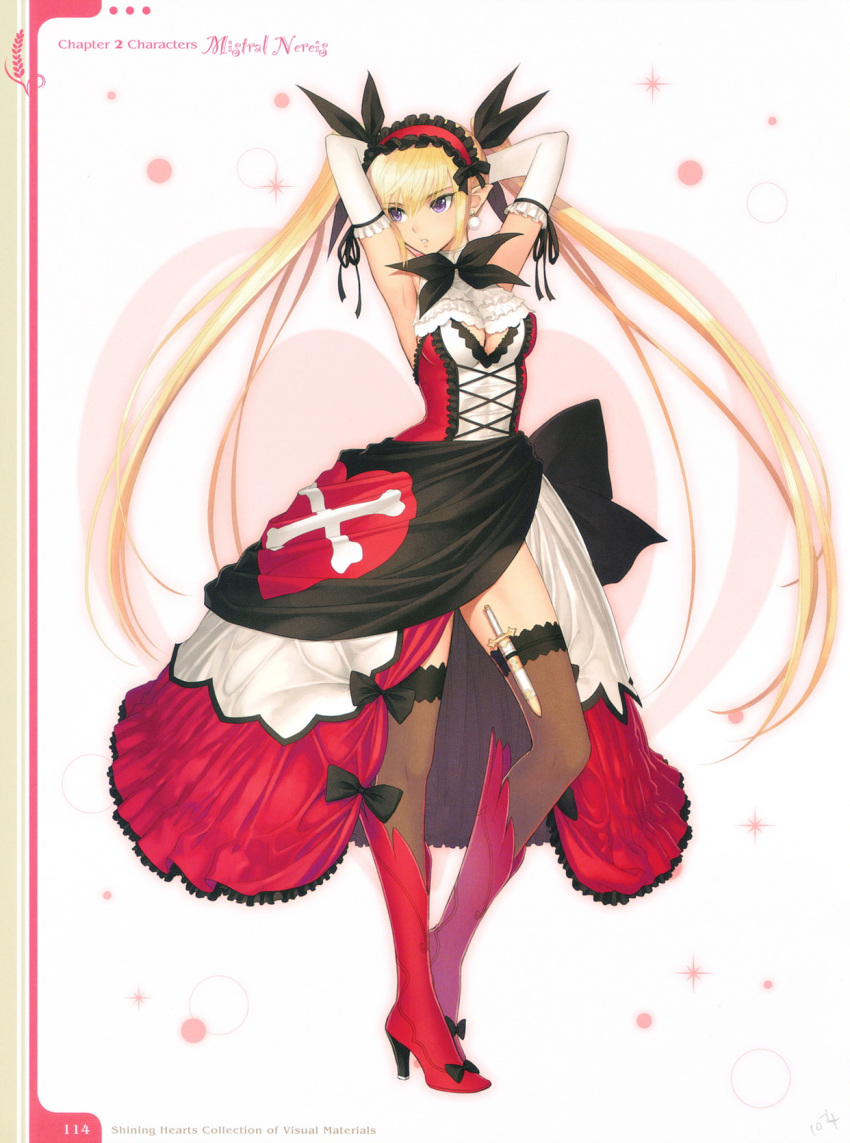 1girl armpits arms_behind_head black_legwear blonde_hair boots breasts dagger dress earrings elbow_gloves elf gloves hairband high_heels highres holster jewelry knife large_breasts legs long_legs mistral_nereis pointy_ears red_dress shining_(series) shining_hearts shoes solo tanaka_takayuki thigh-highs thigh_holster twintails violet_eyes weapon white_gloves