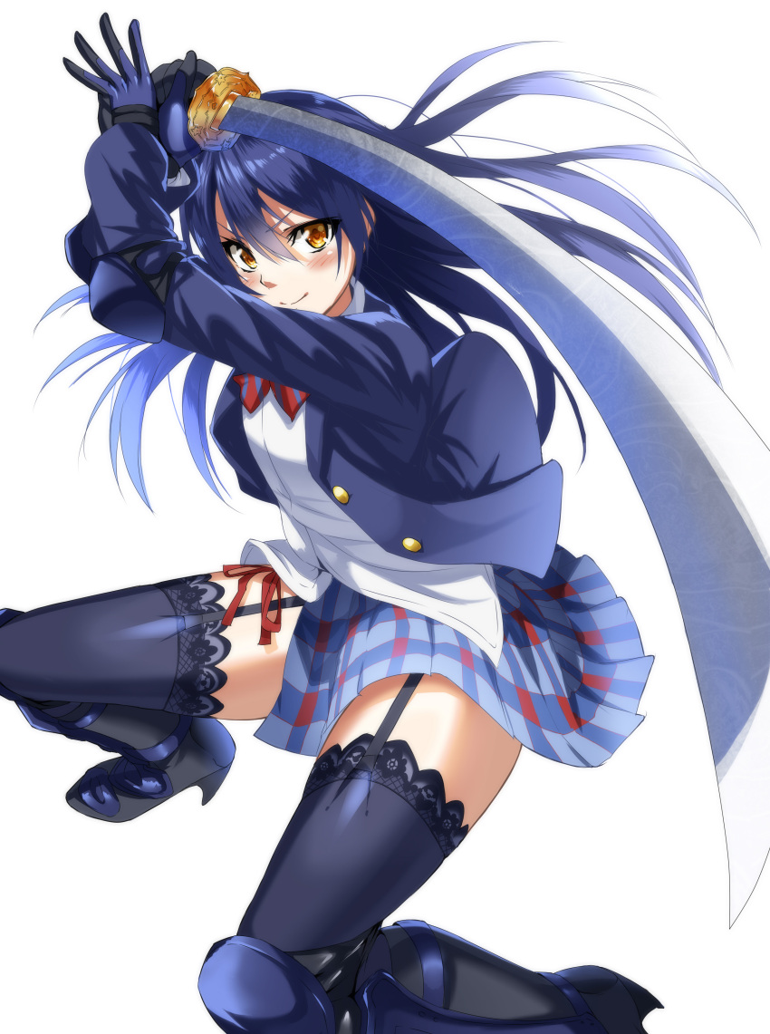 &gt;:) 1girl absurdres arms_up bent_knees black_legwear blue_hair blue_jacket blue_skirt blush bow brown_eyes buttons elbow_pads fighting_stance garter_straps gloves greaves heirou high_heels highres holding_weapon jacket katana knee_pads long_hair long_sleeves looking_at_viewer love_live!_school_idol_project open_clothes open_jacket plaid plaid_bow plaid_skirt pleated_skirt red_bow school_uniform shirt simple_background skirt smile solo sonoda_umi squatting sword thigh-highs weapon white_shirt zettai_ryouiki