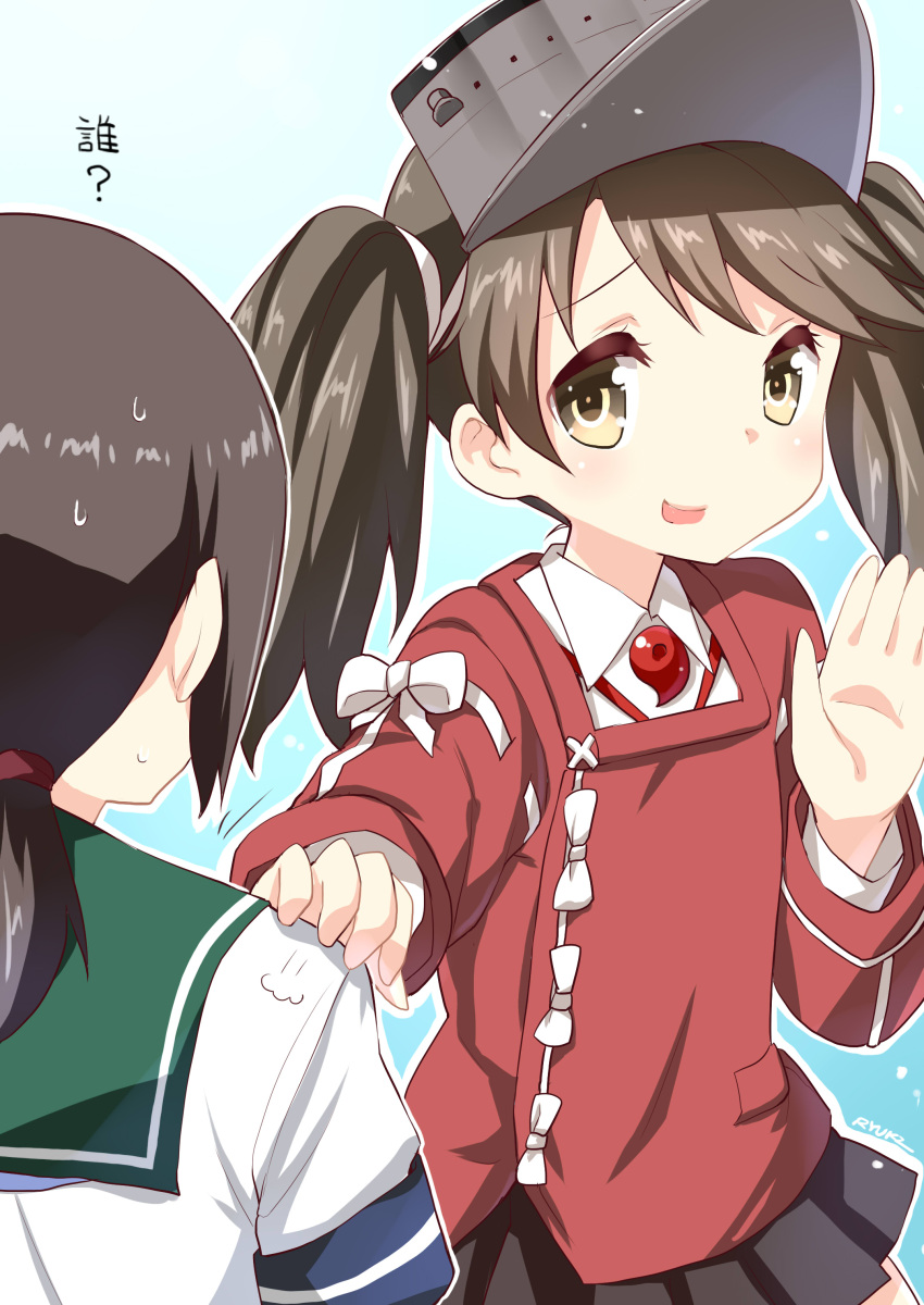 2girls :d absurdres brown_eyes brown_hair commentary_request fubuki_(kantai_collection) hand_on_another's_shoulder highres japanese_clothes kantai_collection kariginu long_hair low_ponytail magatama multiple_girls open_mouth pleated_skirt ryuki_(ryukisukune) ryuujou_(kantai_collection) school_uniform serafuku skirt smile translation_request twintails visor_cap