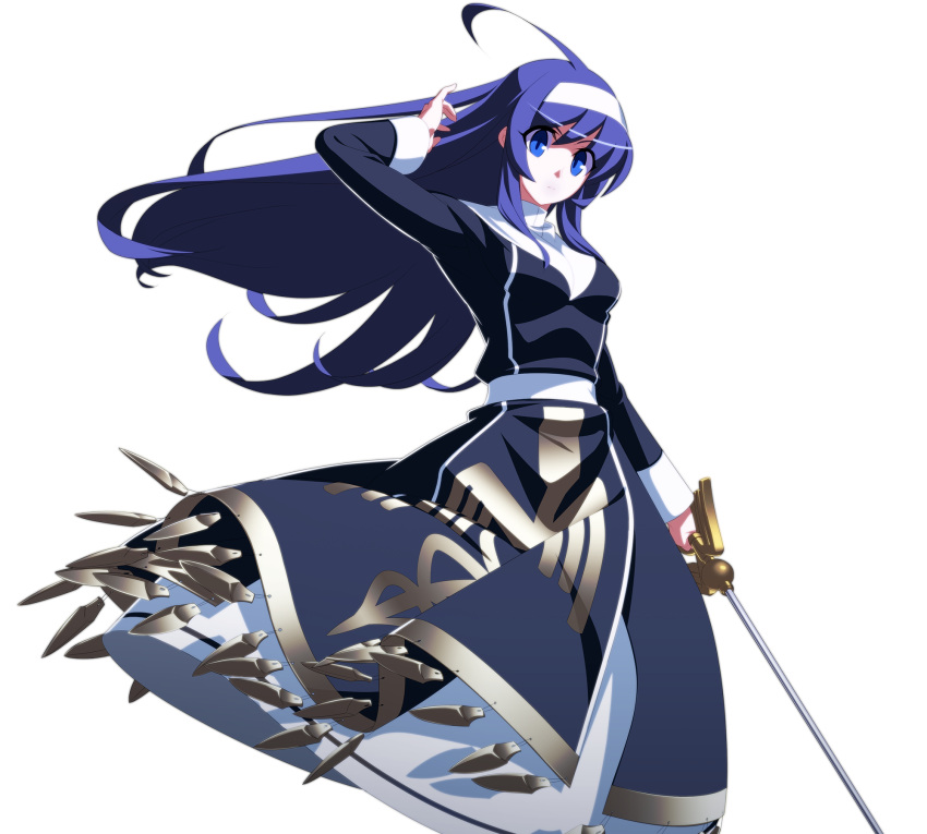 1girl ahoge artist_request blue_eyes blue_hair dress french-bread hairband highres holding long_hair long_sleeves official_art orie_(under_night_in-birth) rapier solo sword transparent_background under_night_in-birth weapon