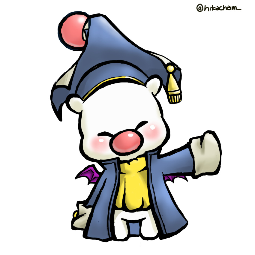 1boy artist_request bat_wings coat commentary dr._mog final_fantasy final_fantasy_record_keeper hat highres hikacham male_focus moogle no_humans scholar simple_background sleeves_past_wrists solo standing twitter_username white_background wings