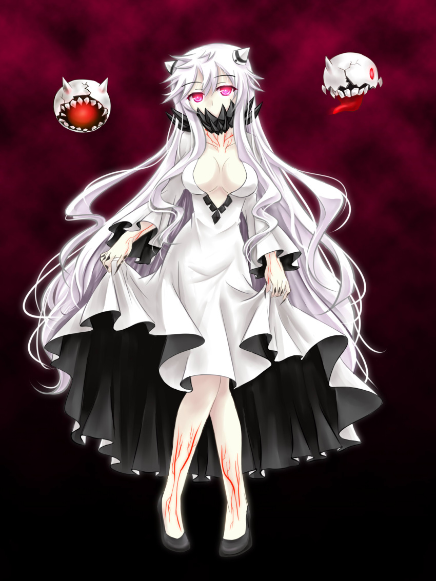 1girl breasts cleavage covered_mouth dress dress_lift highres horns kantai_collection kiryu264 long_hair looking_at_viewer midway_hime pink_eyes shinkaisei-kan solo very_long_hair white_dress white_hair white_skin