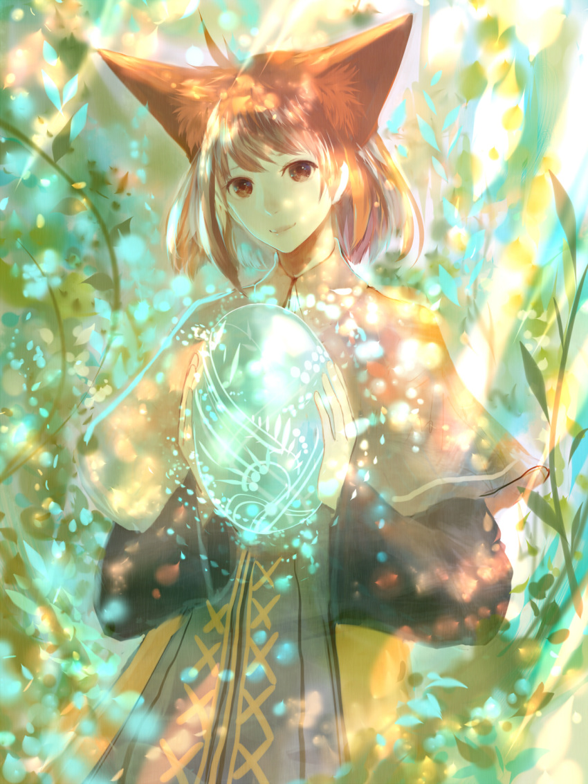 1girl animal_ears bou_nin brown_eyes brown_hair commentary highres holding light_particles light_rays light_smile looking_at_viewer original plant robe short_hair solo sunlight upper_body