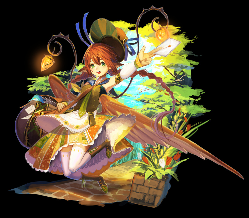 1girl 4th armpits bag bare_shoulders bird black_background braid breasts dress flower green_eyes hat highres lantern letter looking_at_viewer merukstoria redhead simple_background smile solo thigh-highs tree twin_braids wings