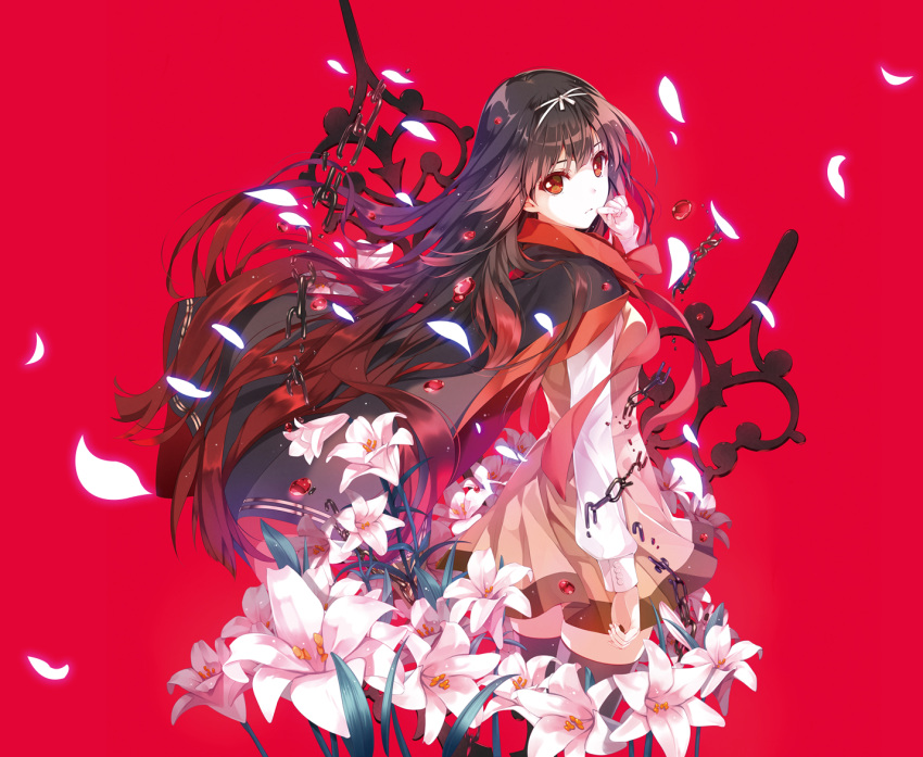 1girl brown_hair cape chain dress flower hand_on_own_face kuroya_shinobu lily_(flower) long_hair looking_back ninomiya_anju petals red_background red_eyes simple_background solo taiyou_no_channel thigh-highs zettai_ryouiki