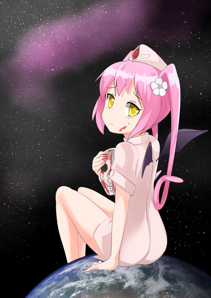 1girl :t absurdres bat_wings blood blood_on_face blush borrowed_character earth ebola-chan flower hair_flower hair_ornament hat highres holding kuku123 long_hair looking_back nurse nurse_cap original personification pink_hair planet pout short_sleeves sitting skull solo space star_(sky) twintails wings yellow_eyes