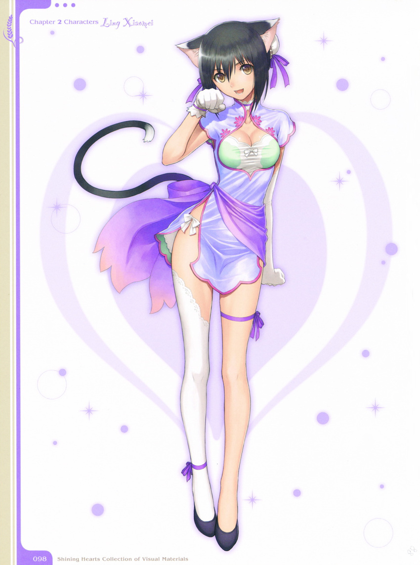 1girl :d animal_ears black_hair breasts brown_eyes bun_cover cat_ears cat_tail chinese_clothes cleavage concept_art double_bun gloves highres long_legs open_mouth paw_pose ribbon shaomei_rin shining_(series) shining_hearts short_hair single_elbow_glove single_glove single_thighhigh smile solo tail tanaka_takayuki thigh-highs thigh_ribbon white_gloves white_legwear