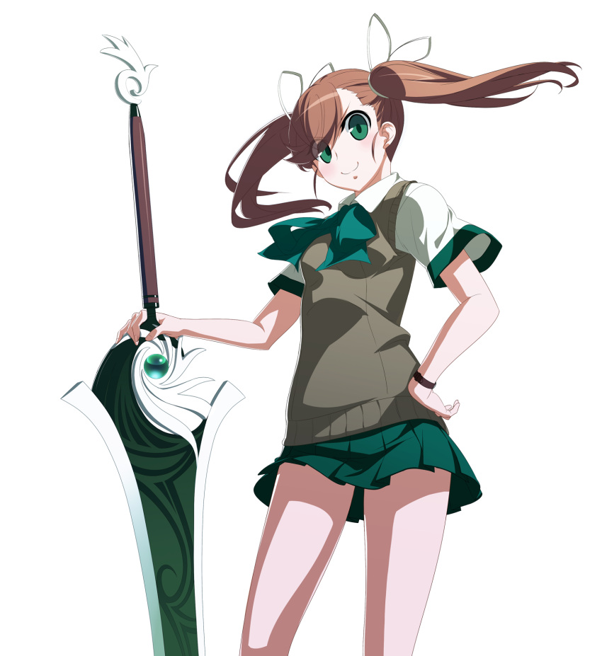 &gt;:) 1girl artist_request brown_hair eyes_visible_through_hair french-bread green_eyes green_skirt hair_ribbon hand_on_hip highres long_hair nanase_(under_night_in-birth) official_art pleated_skirt ribbon school_uniform short_sleeves skirt smile solo sweater_vest sword transparent_background twintails under_night_in-birth weapon