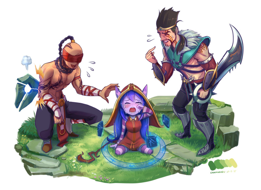 1girl 2boys alonsword closed_eyes crying draven flying_sweatdrops league_of_legends lee_sin lulu_(league_of_legends) multiple_boys simple_background smile staff tears white_background