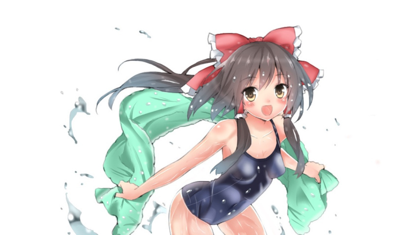 1girl alternate_costume blush bow breasts brown_hair collarbone hair_bow hair_tubes hakurei_reimu impossible_clothes impossible_swimsuit kami200819 leaning_forward looking_at_viewer navel one-piece_swimsuit open_mouth payot short_hair simple_background solo swimsuit touhou towel water_droplets white_background yellow_eyes