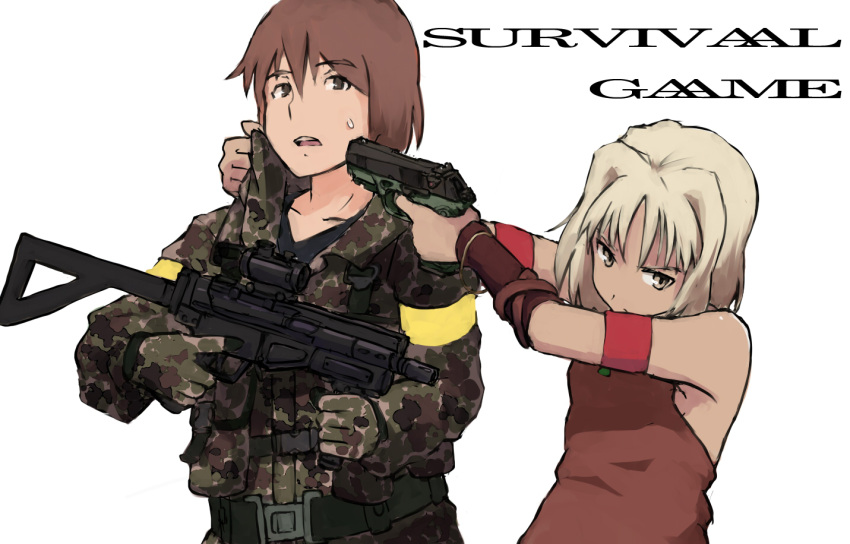 androgynous armband armpits bare_shoulders bracelet camouflage canaan canaan_(character) cocked_hammer commentary commentary_request glock23 gun gun_to_head halterneck handgun hostage jewelry military military_uniform mp5 mp5k pistol shibafu_(glock23) short_hair submachine_gun sweatdrop trigger_discipline uniform weapon white_hair yellow_eyes