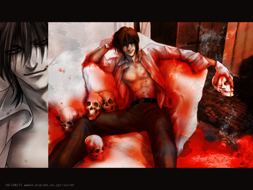 1boy alucard_(hellsing) blood couch hellsing holding male navel open_shirt skull smile sofa solid&amp;etc solo