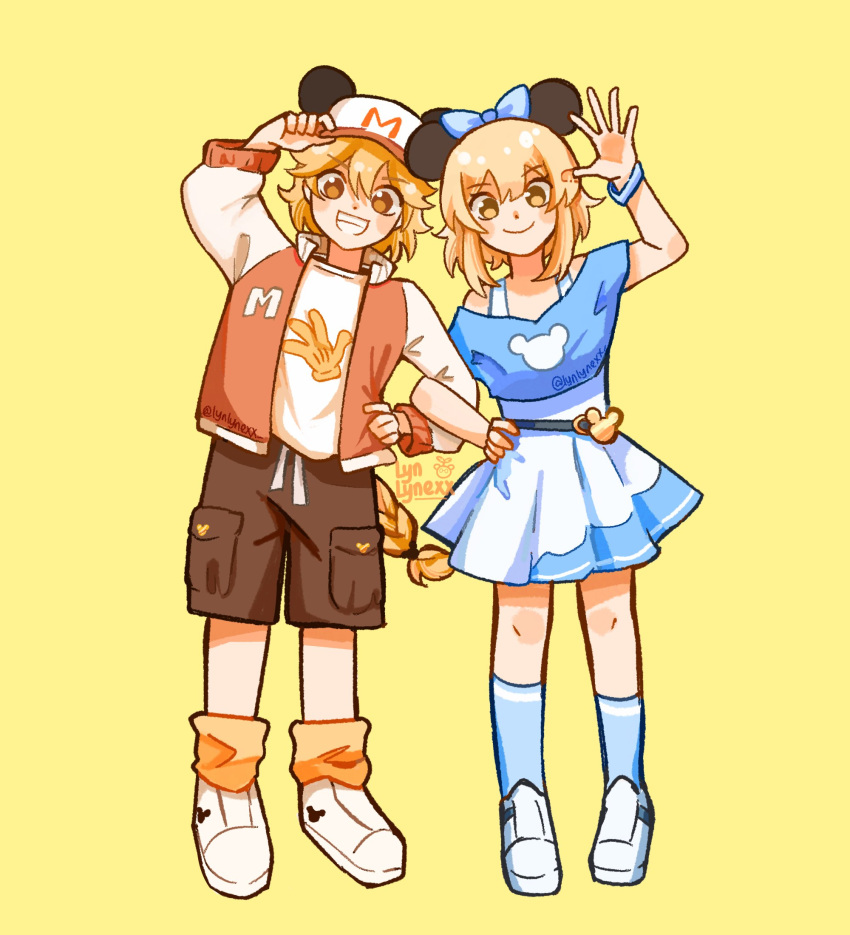 1boy 1girl aether_(genshin_impact) alternate_costume animal_ear_headwear animal_ears artist_name belt_buckle blonde_hair blue_bow blue_bracelet blue_dress blue_socks bow braid braided_ponytail brother_and_sister brown_eyes brown_shorts buckle character_print closed_mouth disney dress fake_animal_ears full_body genshin_impact grin hair_between_eyes hair_bow hand_on_headwear hand_on_hip hand_up highres jacket letterman_jacket locked_arms looking_at_viewer loose_socks lumine_(genshin_impact) lynlynexx mouse_ears orange_socks pleated_skirt ponytail shirt short_hair_with_long_locks shorts siblings skirt smile socks standing strap twitter_username two-tone_dress white_dress white_footwear white_shirt yellow_background