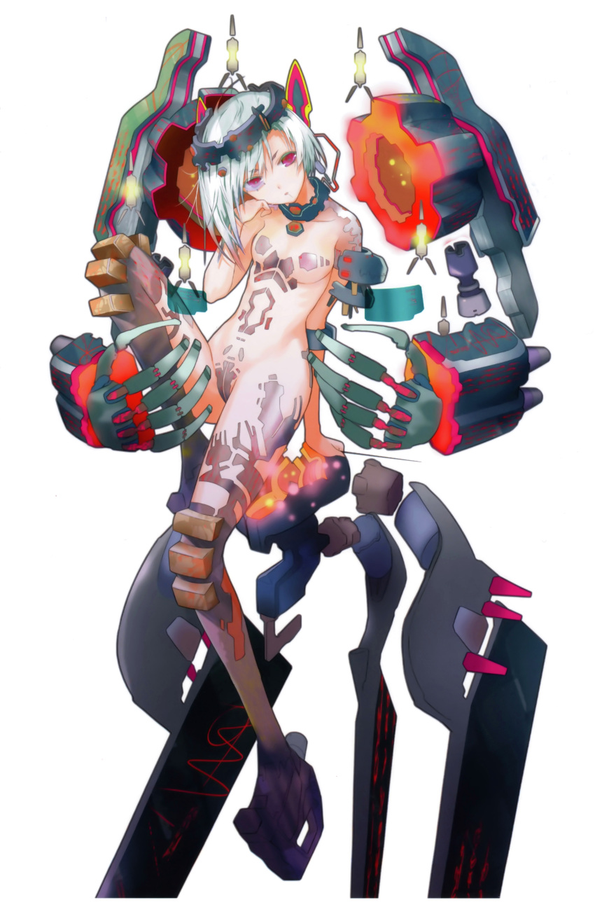 1girl absurdres arm_support black_legwear boots breasts collar fuyuno_haruaki head_tilt headgear highres kaku-san-sei_million_arthur leg_lift mechanical_arms scan scouter simple_background solo thigh-highs thigh_boots violet_eyes white_background white_hair