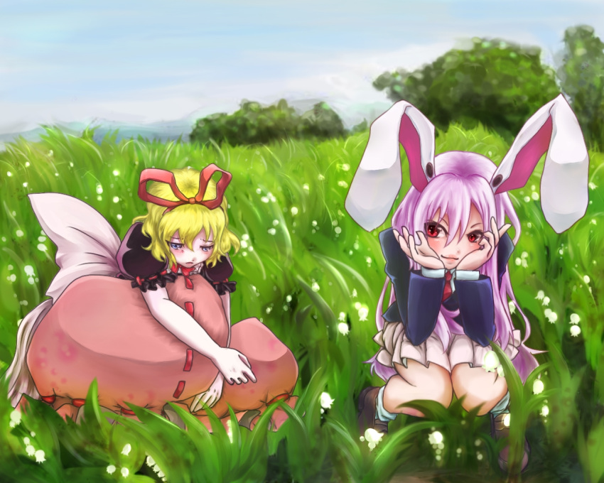 2girls animal_ears blonde_hair blue_sky blurry bubble_skirt clouds depth_of_field elbows_on_knees flower grass grey_eyes hair_ribbon head_rest knees_to_chest lavender_hair leg_hug light_frown light_smile lily_of_the_valley lips long_hair looking_at_viewer looking_down meadow medicine_melancholy mountain multiple_girls outdoors pleated_skirt puffy_short_sleeves puffy_sleeves rabbit_ears red_eyes reisen_udongein_inaba ribbon sakuya_(sa_ku_yan) short_hair short_sleeves skirt sky squatting suit_jacket touhou tree very_long_hair