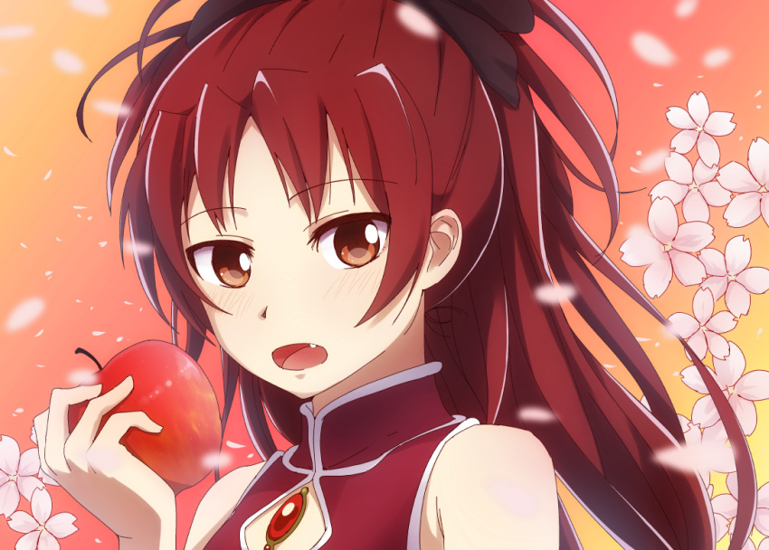 1girl apple bow fang flower food fruit hair_bow long_hair looking_at_viewer mahou_shoujo_madoka_magica open_mouth ponytail red_eyes redhead ruka_(naritayuzu) sakura_kyouko solo