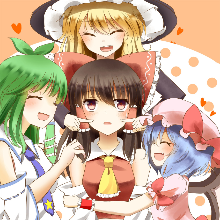 4girls :d bare_shoulders blonde_hair blue_hair bow cheek_poking closed_eyes commentary_request detached_sleeves dress fang green_hair hair_bow hair_tubes hakurei_reimu hand_in_another's_hair hat heart highres hug indo_(mdtanaka2007) kirisame_marisa kochiya_sanae multiple_girls necktie open_mouth pink_dress poking red_dress remilia_scarlet smile sweatdrop touhou witch_hat wrist_cuffs