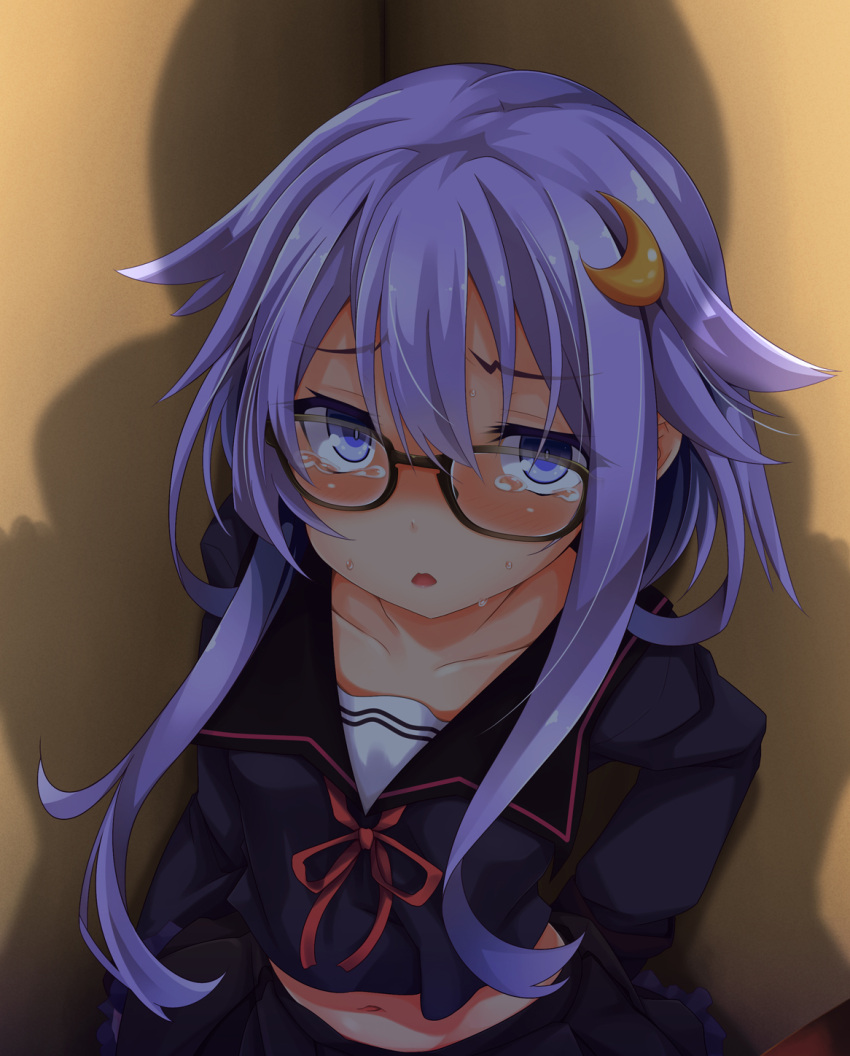 1girl bespectacled blush crescent_hair_ornament glasses hair_ornament highres kantai_collection long_hair looking_at_viewer ogami_kazuki purple_hair school_uniform shadow solo_focus sweat tears yayoi_(kantai_collection)