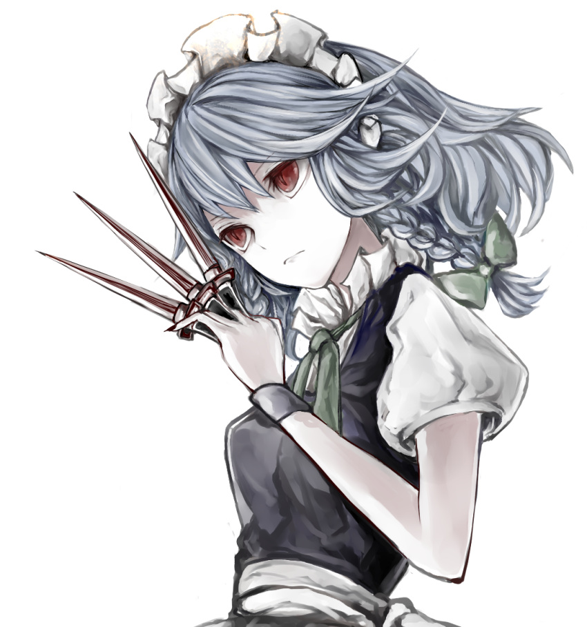 1girl between_fingers black_dress braid dress izayoi_sakuya knife maid maid_headdress puffy_short_sleeves puffy_sleeves red_eyes sash shirt short_sleeves silver_hair solo throwing_knife touhou twin_braids upper_body wrist_cuffs yutapon