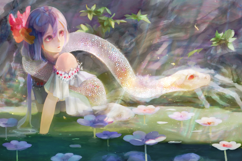 1girl all_fours bare_shoulders blurry dress fantasy flower hair_flower hair_ornament highres hogecomhoge light light_particles light_rays long_hair looking_back looking_up original partially_submerged pink_eyes purple_hair snake solo water white_dress