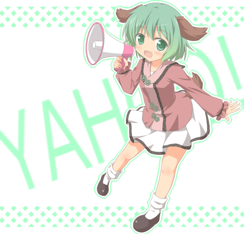 1girl animal_ears blush green_eyes green_hair highres kasodani_kyouko megaphone open_mouth shino_megumi short_hair skirt smile solo tail touhou