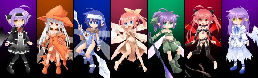 6+girls amber_eyes blue_eyes blue_hair blush bow buttons child dress fairy fairy_wings gothic_lolita green_eyes hair_bow hat highres kso lolita_fashion long_hair multiple_girls open_mouth original pointy_ears purple_hair red_eyes redhead short_hair smile weapon white_hair wings